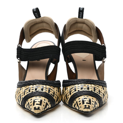 Fendi Raffia Grosgrain FF Intreccio Colibri 85mm Slingback Pumps 35 Naturale Black 2 of 9