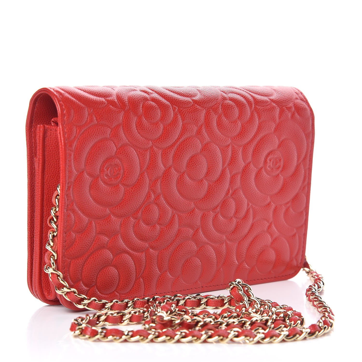Chanel Caviar Camellia Embossed Wallet On Chain WOC Red 3 of 12