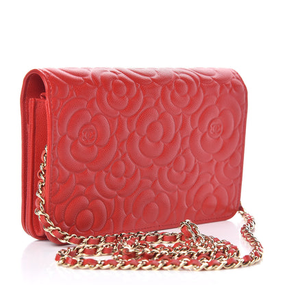 Chanel Caviar Camellia Embossed Wallet On Chain WOC Red 3 of 12