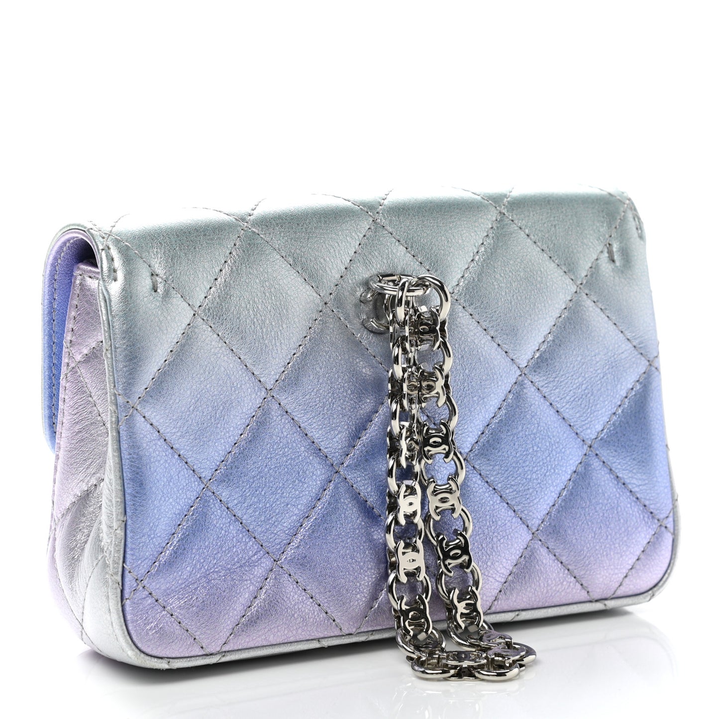 Gradient Metallic Calfskin Quilted Clutch Silver Blue Yellow Purple