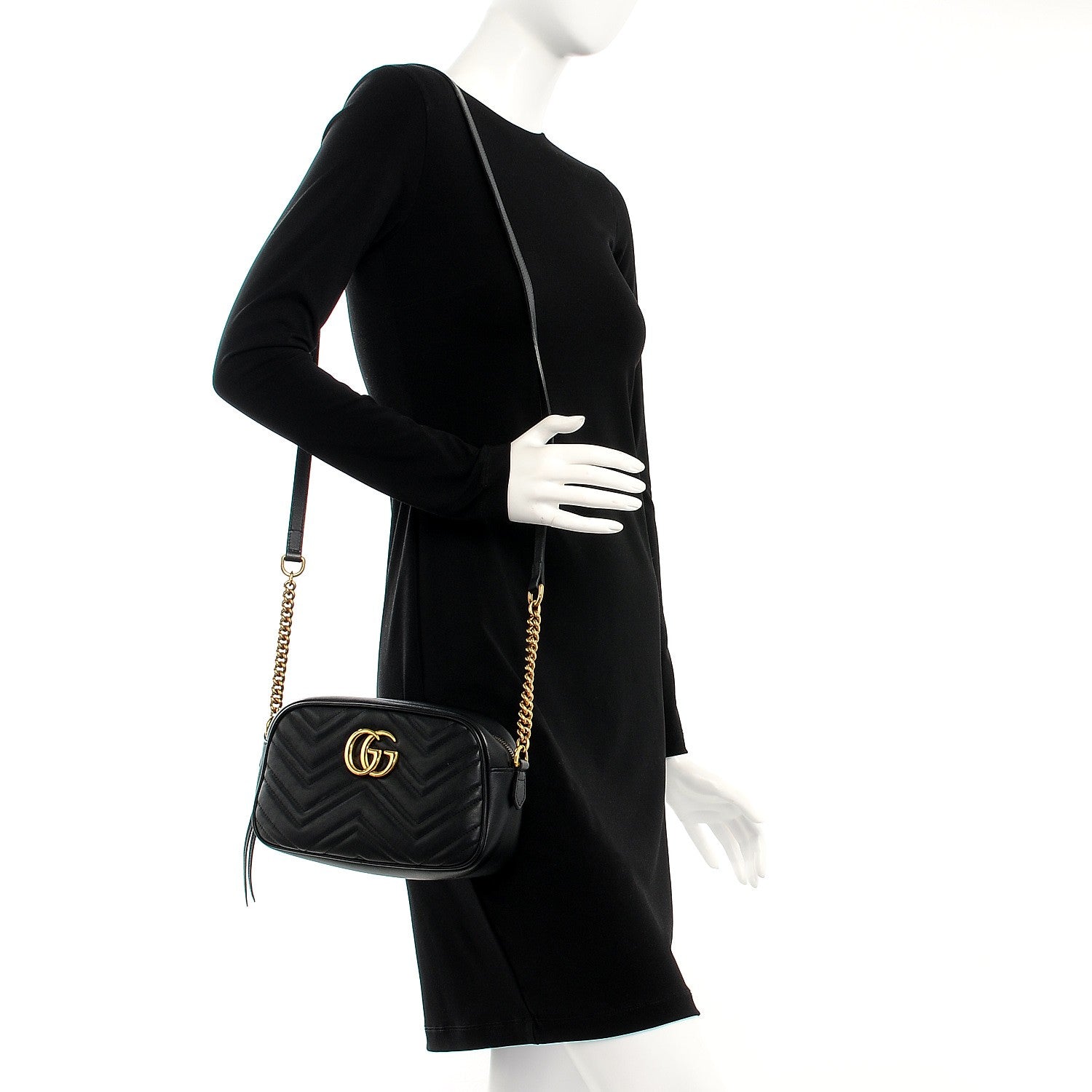 Gucci Calfskin Matelasse Small GG Marmont Chain Shoulder Bag Black 2 of 7