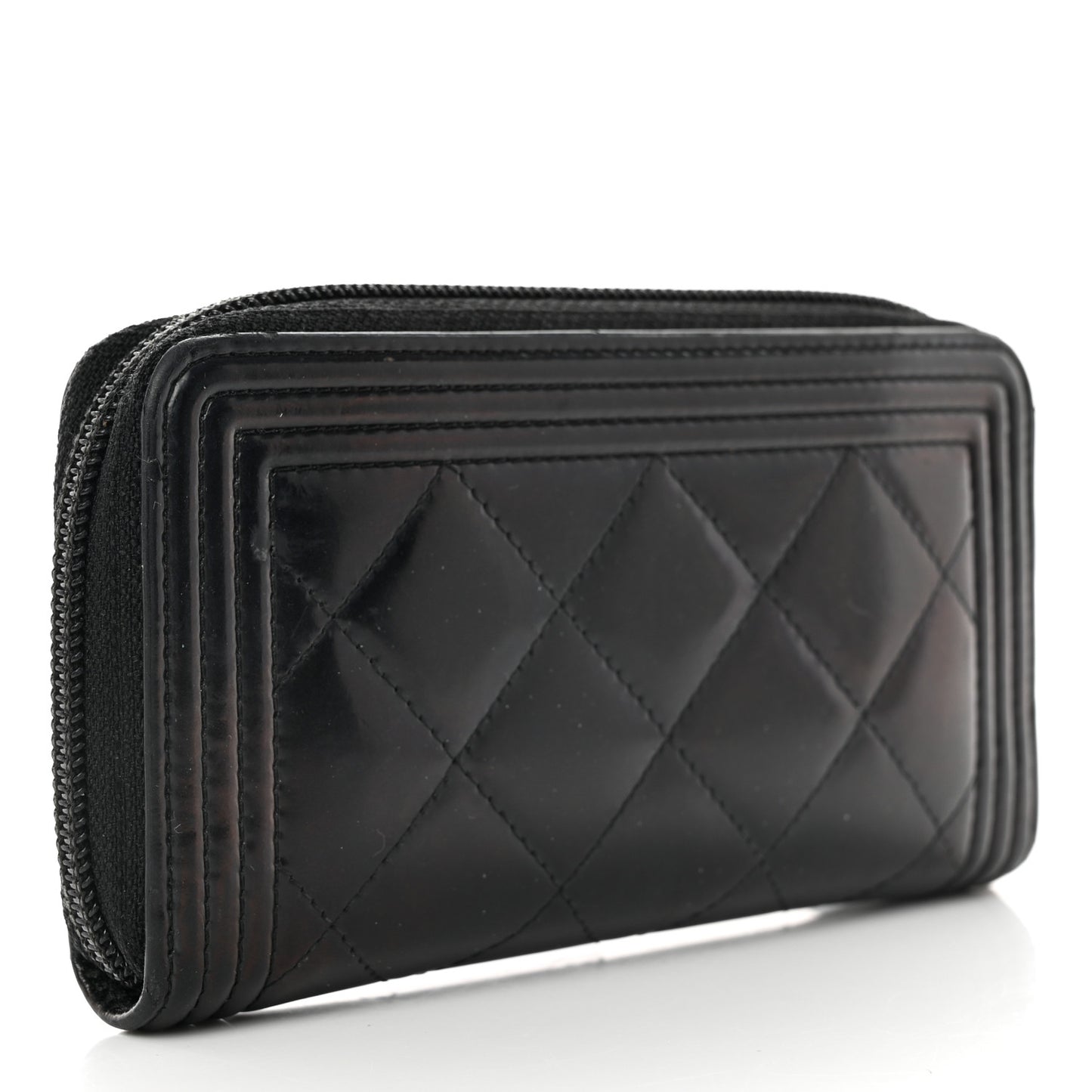 Iridescent Glazed Calfskin Quilted Small Boy Zip Around Wallet Black