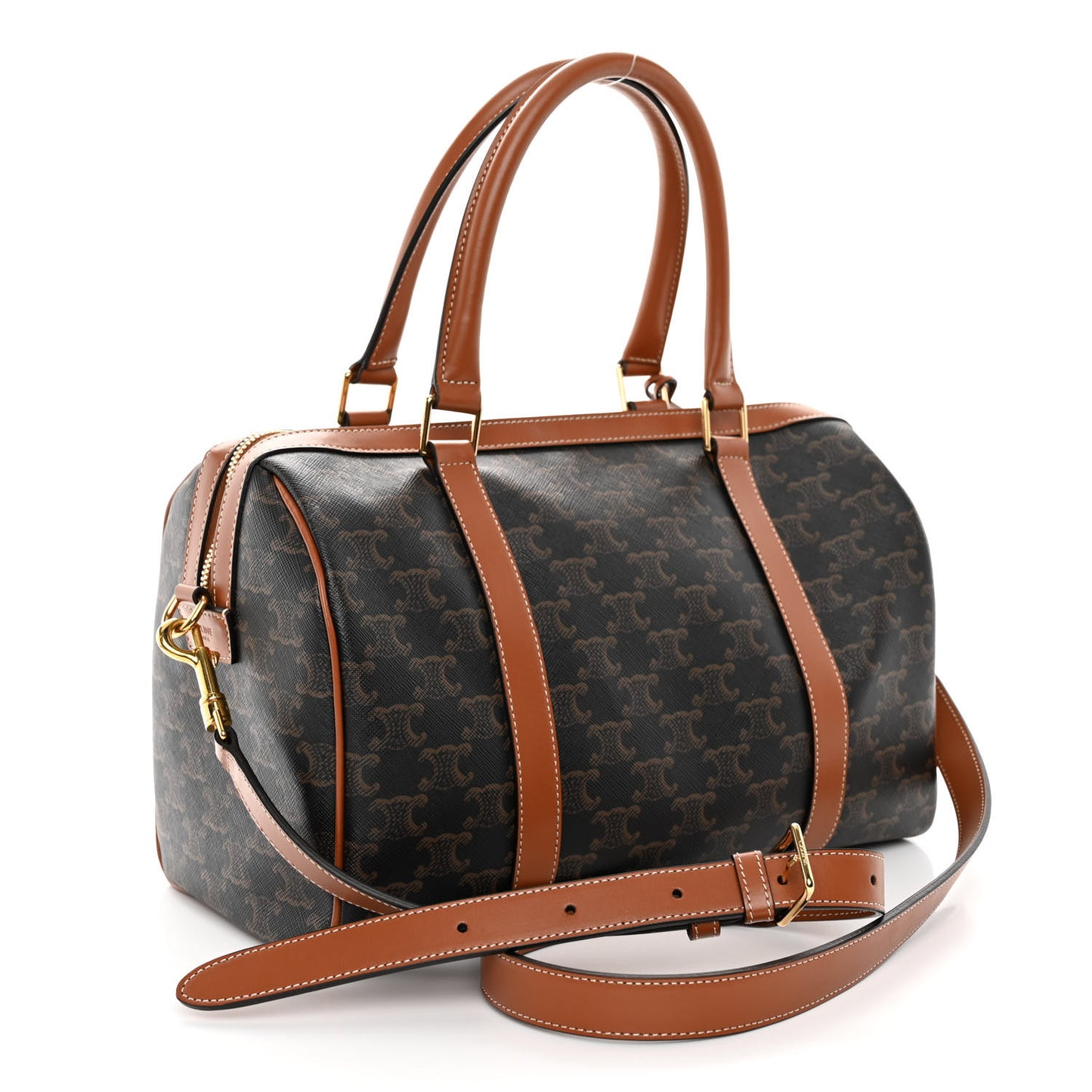 Triomphe Canvas Calfskin Boston Bag Tan