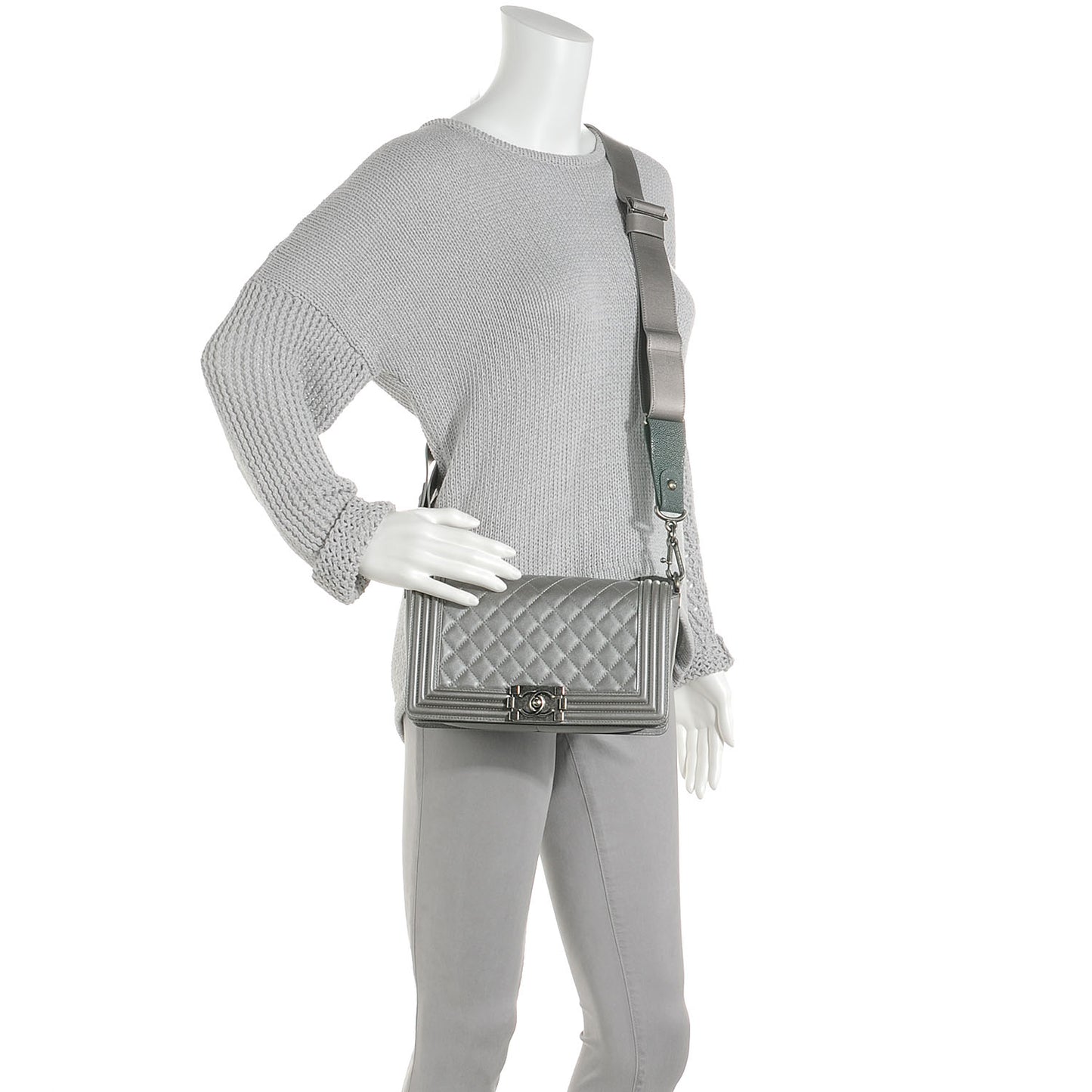 Lambskin Quilted Medium Boy Flap w Stingray Strap Silver