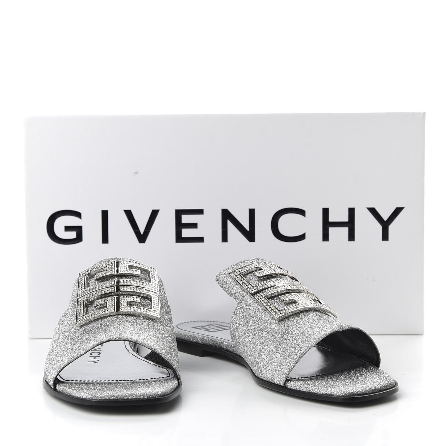 Glitter Embellished Calfskin 4G Flat Sandals 36.5 Silver
