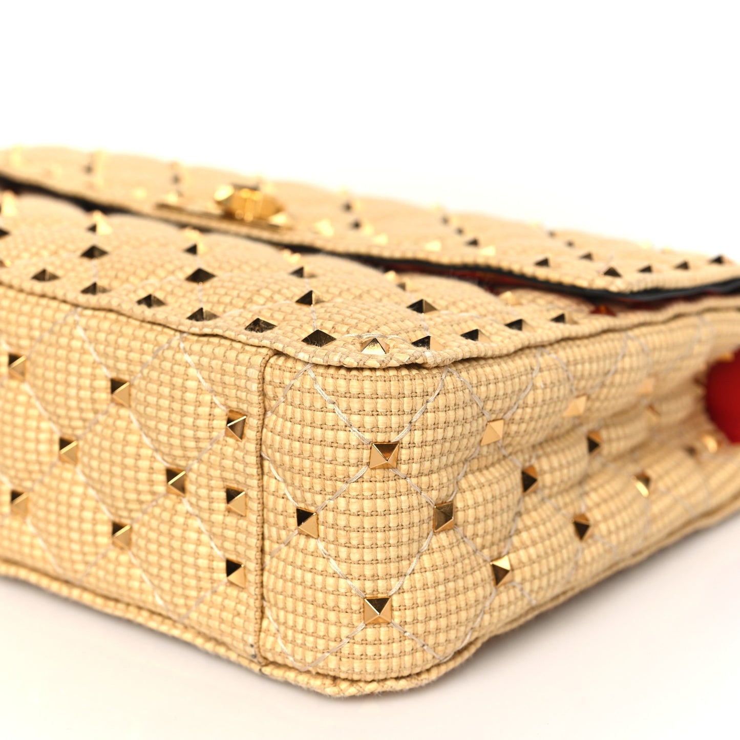 Raffia Medium Rockstud Spike Shoulder Bag Natural Tan