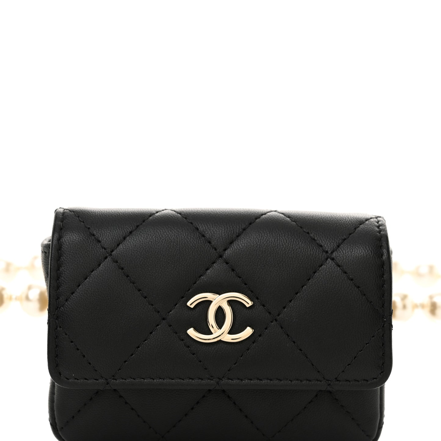 Lambskin Quilted Pearl Chain Belt Bag Black