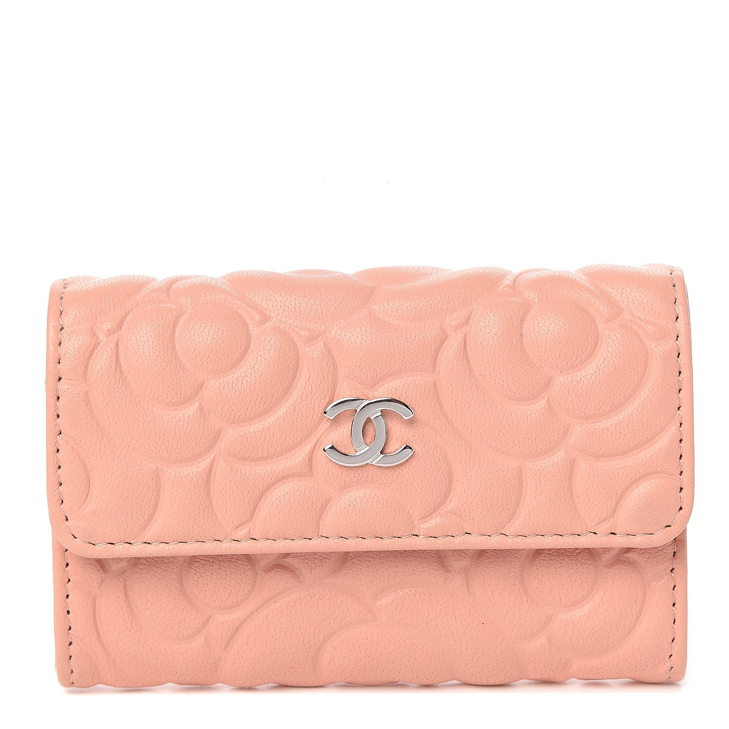 Goatskin Camellia Embossed Card Holder Wallet Light Pink
