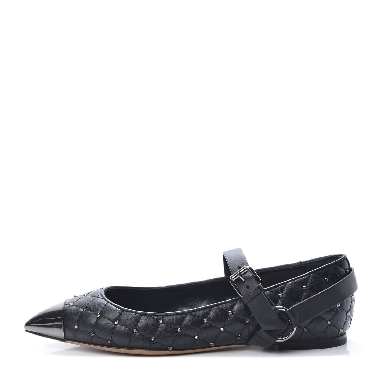 Crackled Lambskin Rockstud Spike Captoe Ballerina Flats 37 Black