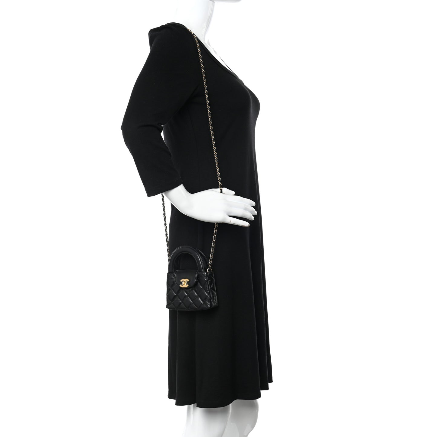 Shiny Aged Calfskin Quilted Mini Nano Kelly Shopper Black