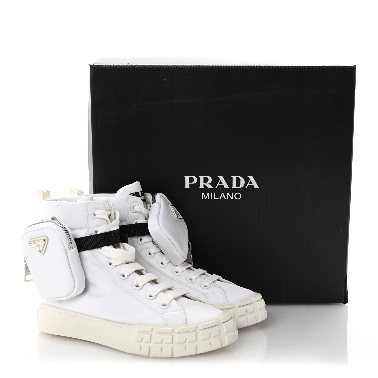 Prada Re-Nylon Gabardine Metal Triangle Logo Wheel Pouch Pocket High Top Sneakers 36 White 10 of 10