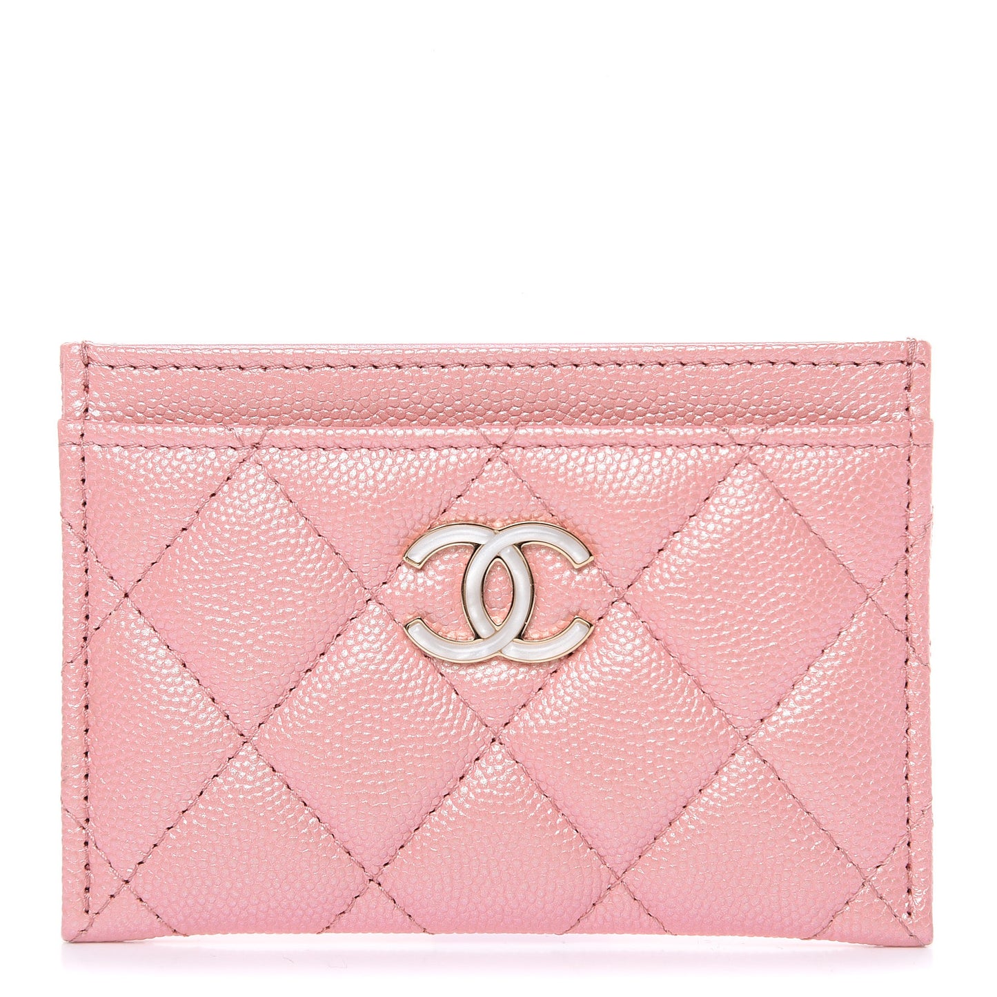 Iridescent Caviar Quilted Card Holder Pink