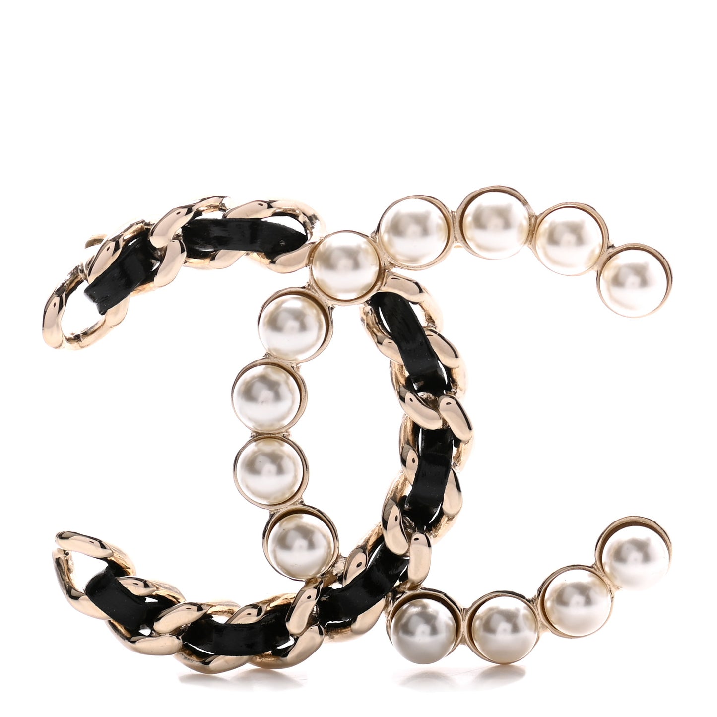 Lambskin Pearl CC Chain Brooch Black Gold
