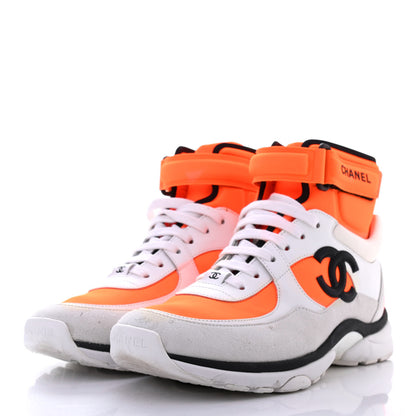 Chanel Suede Calfskin Lambskin Neoprene High Top CC Sneakers 40 White Fluo Orange 10 of 14