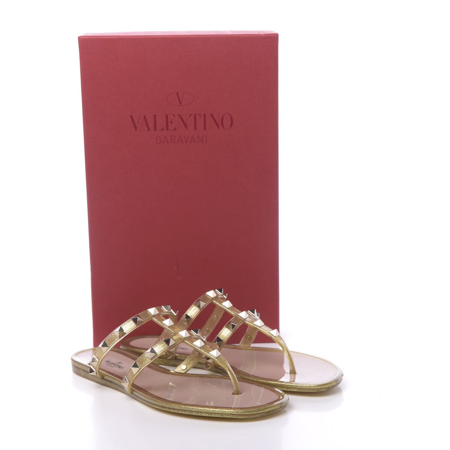 Valentino Garavani PVC Jelly Glitter Rockstud Caged Flat Thong Sandals 36 Oro 8 of 8