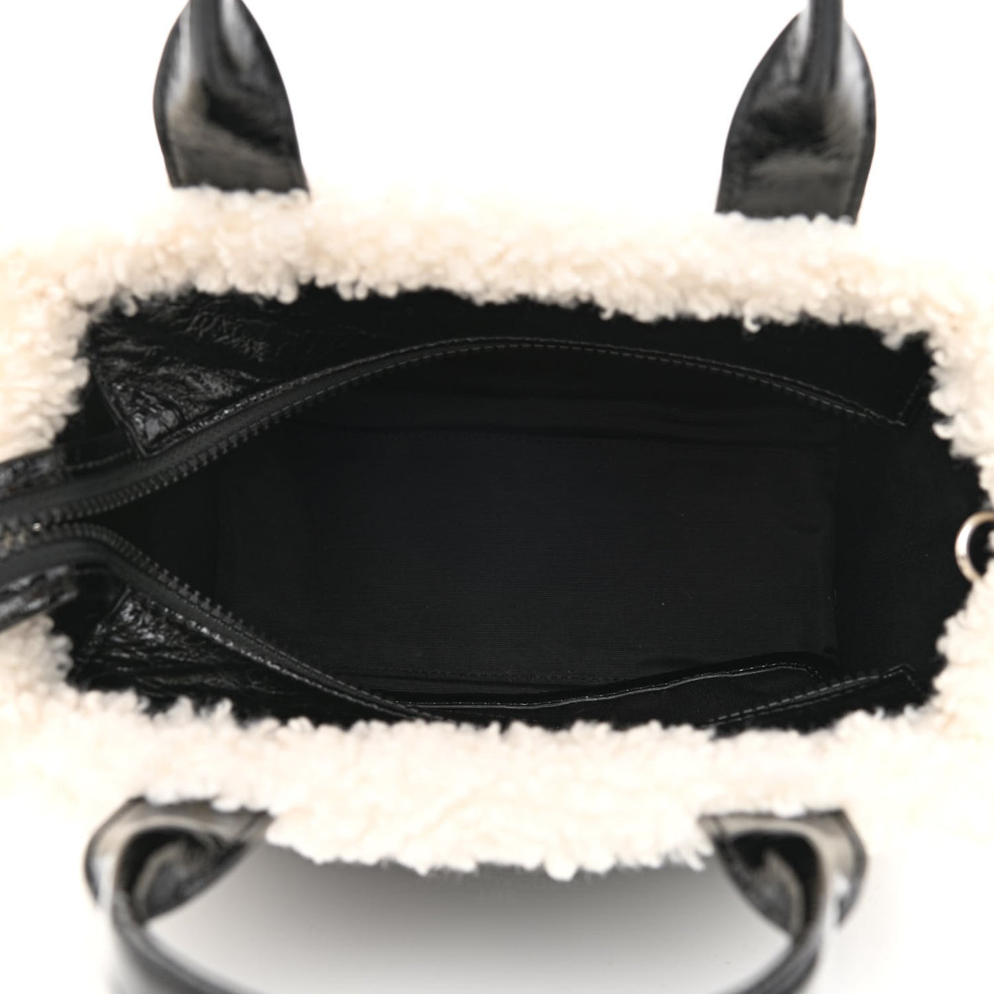 Shiny Calfskin Faux Shearling Mini The Traveler Tote Bag Black