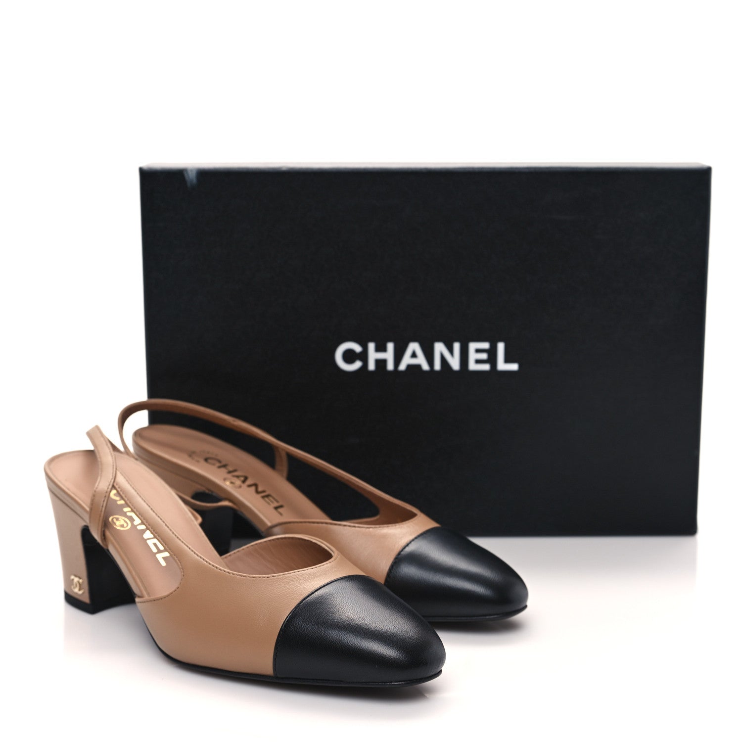 Chanel Lambskin Cap Toe CC Slingback Pumps 36 Dark Beige Black 10 of 10