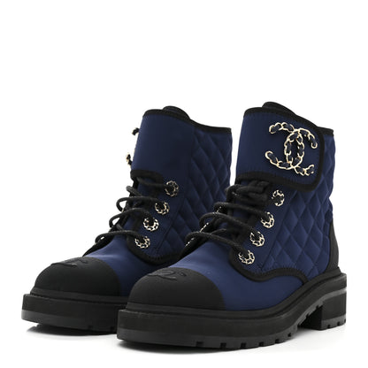 Chanel Fabric Grosgrain Quilted Cap Toe Lace Up Combat Boots 36.5 Navy Black 4 of 9