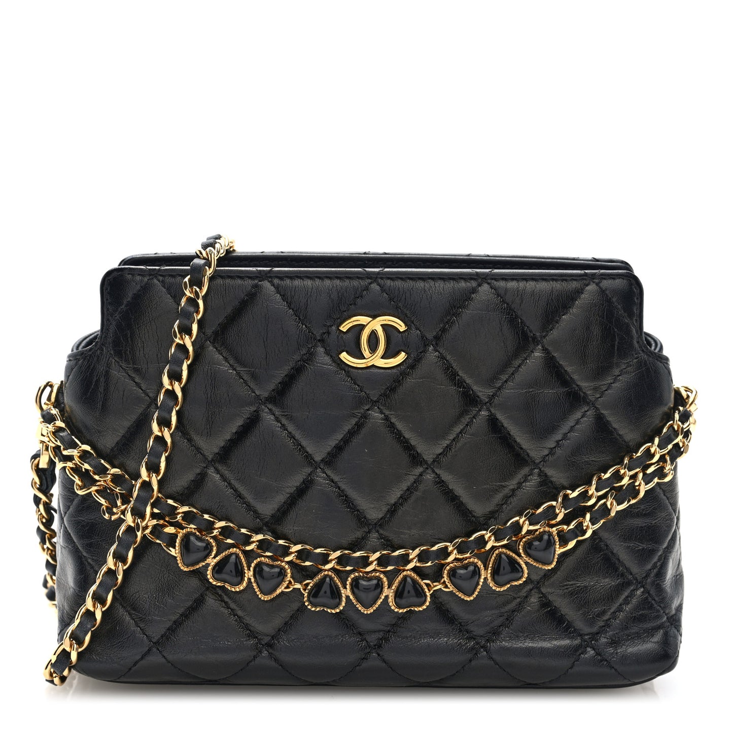 Shiny Crumpled Calfskin Quilted Clutch With Chain Black
