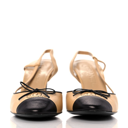 Chanel Lambskin Cap Toe CC Bow Slingback Pumps 35.5 Beige Black 2 of 8
