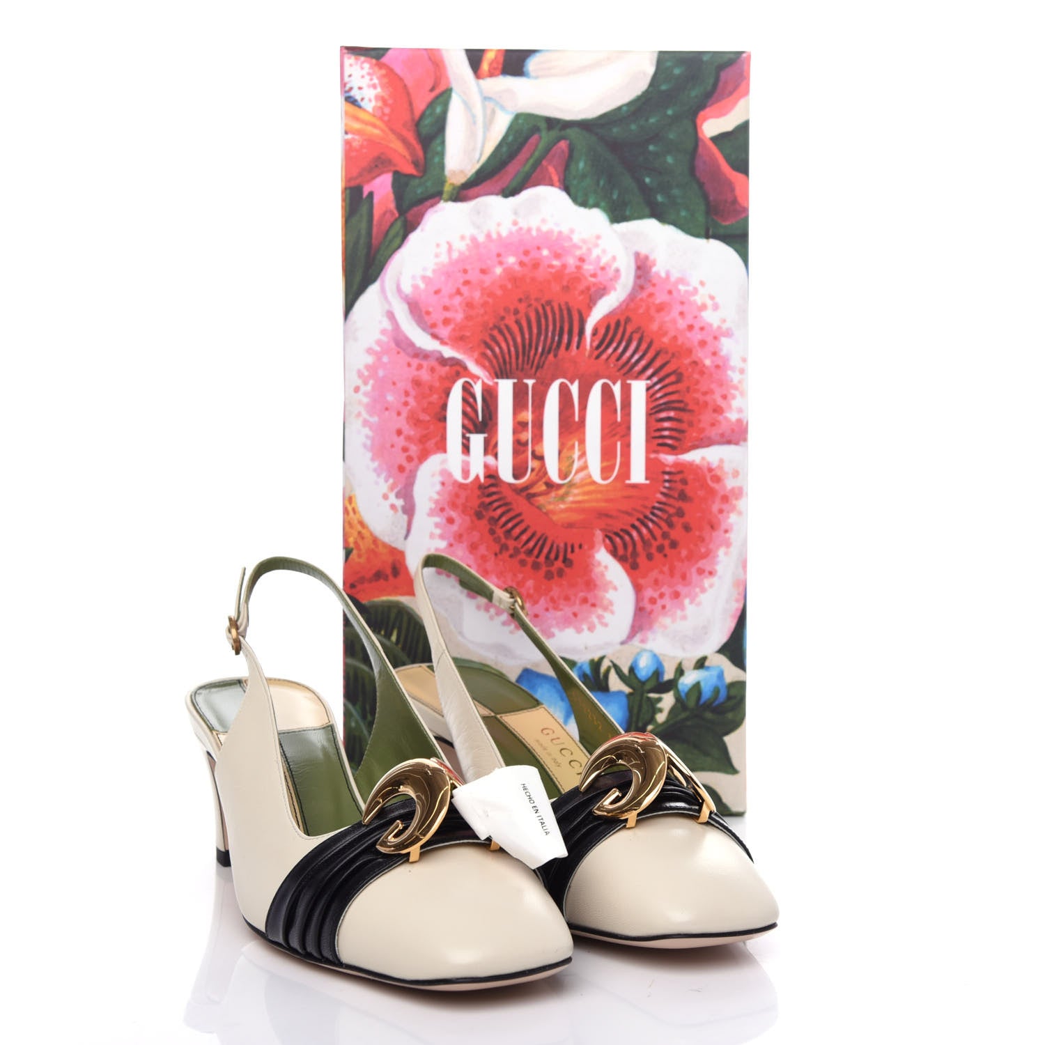 Gucci Malaga Kid Half Moon GG Square Toe Slingback Pumps 38.5 Vintage White Black 11 of 11