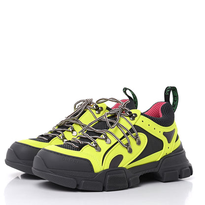 Gucci X SEGA Mesh Technical Canvas Calfskin Reflective Mens Flashtrek Sneakers 7.5 Neon Yellow Lotus 3 of 7