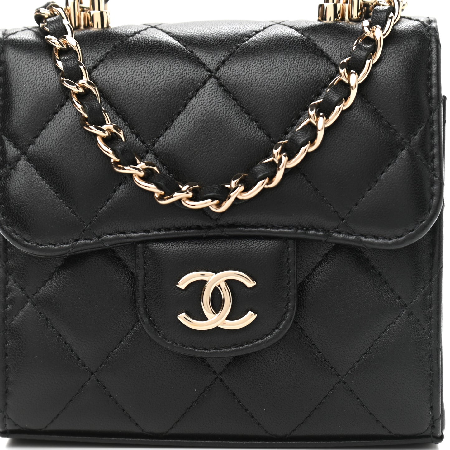 Lambskin Quilted Top Handle Flap Clutch With Chain Black