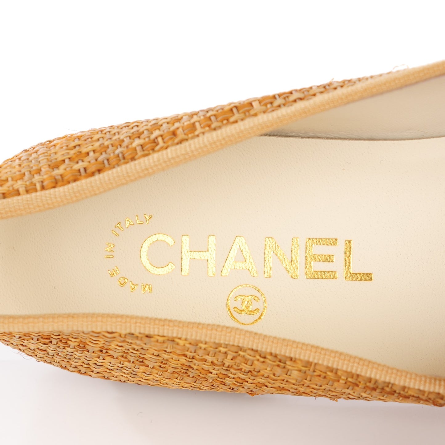 Tweed Ribbon Crackled Patent CC Cap Toe Ballerina Flats 38.5 Dark Ochre
