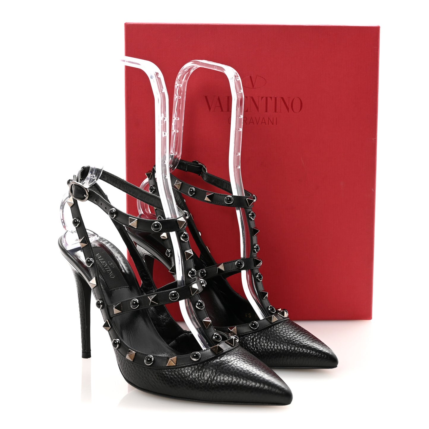 Pebbled Calfskin Onyx Rockstud Rolling Ankle Strap 100mm Pumps 39.5 Black