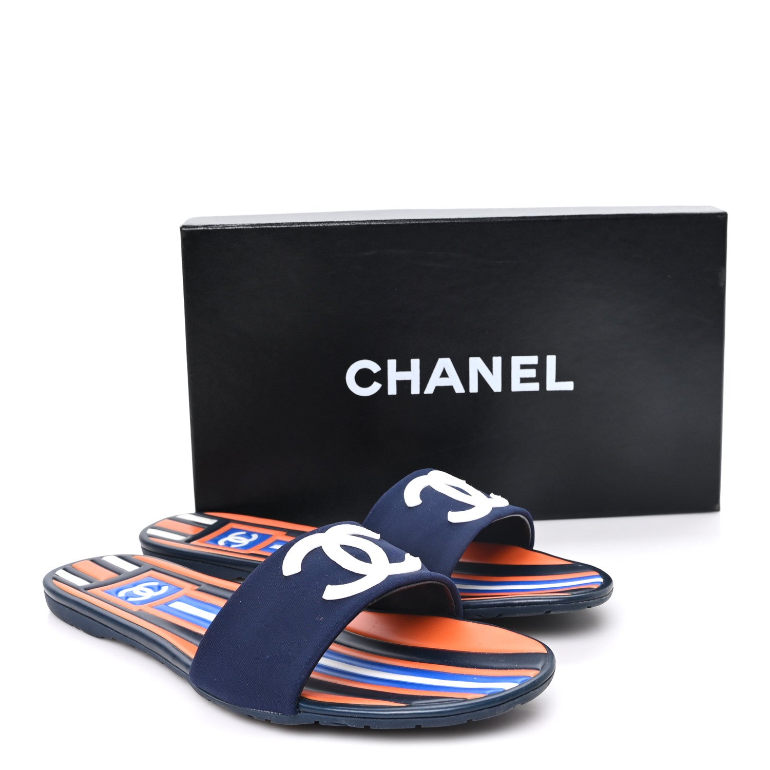 Chanel Rubber CC Mules Sandals  38  Dark Navy Blue Orange 10 of 10