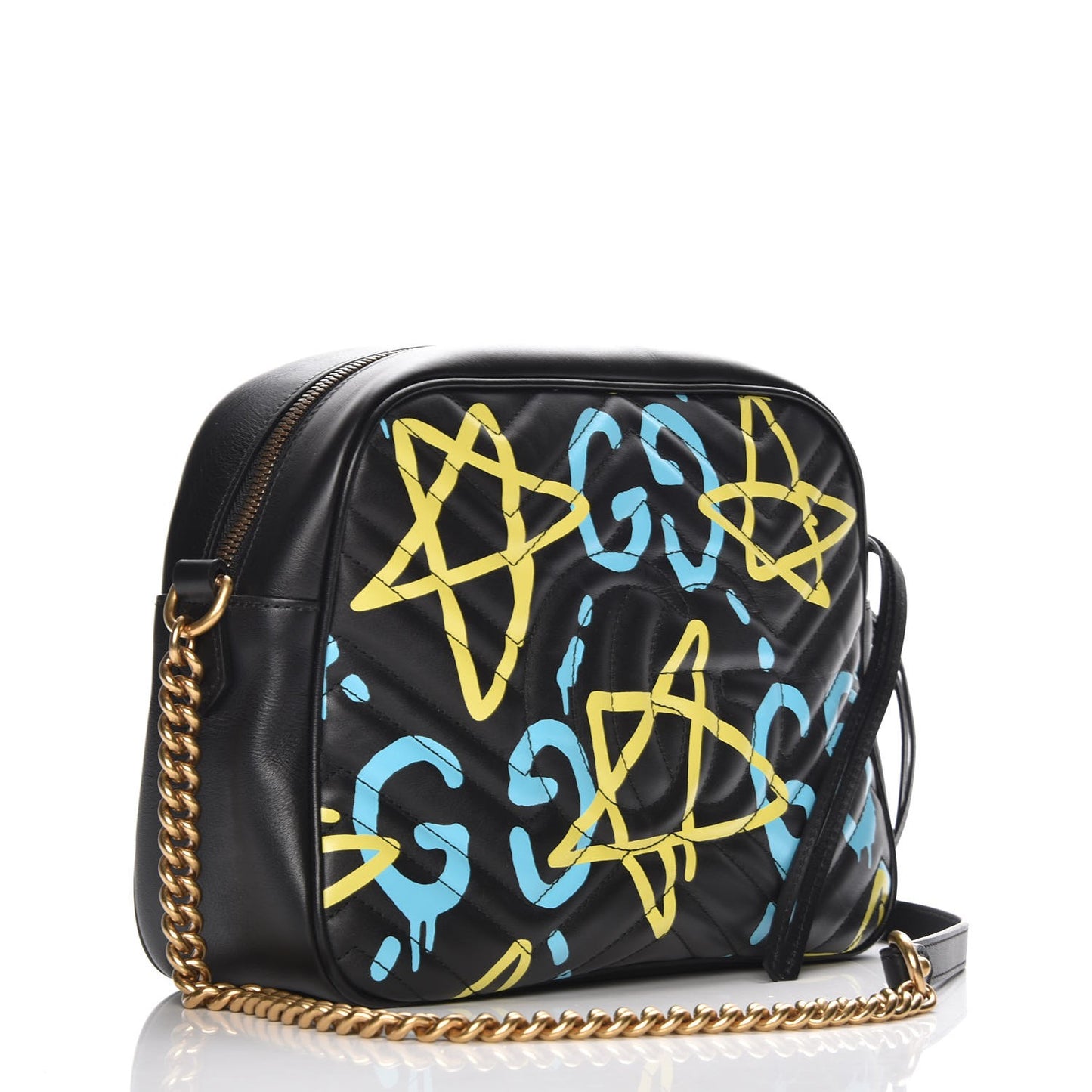 Calfskin Matelasse GucciGhost Medium GG Marmont Chain Shoulder Bag Black New Acquamarine