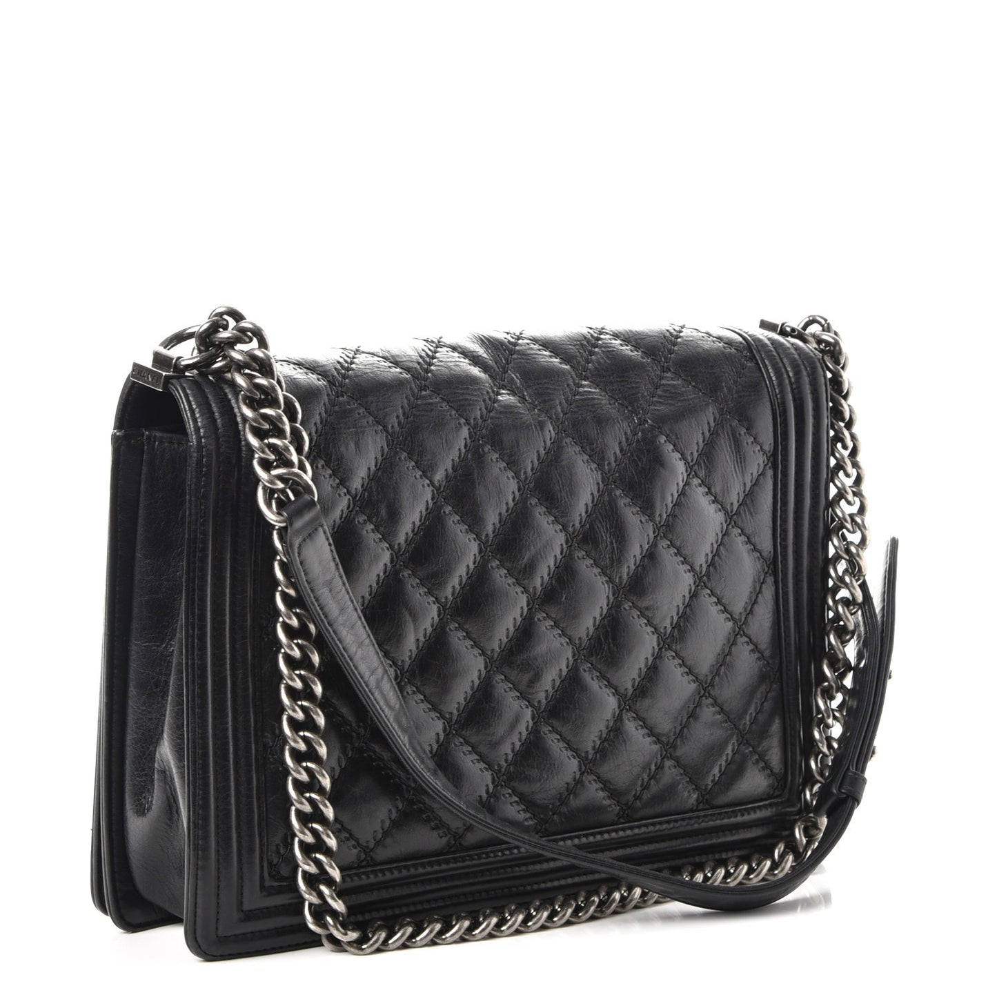 Calfskin Embossed Stitch Large Boy Flap Black