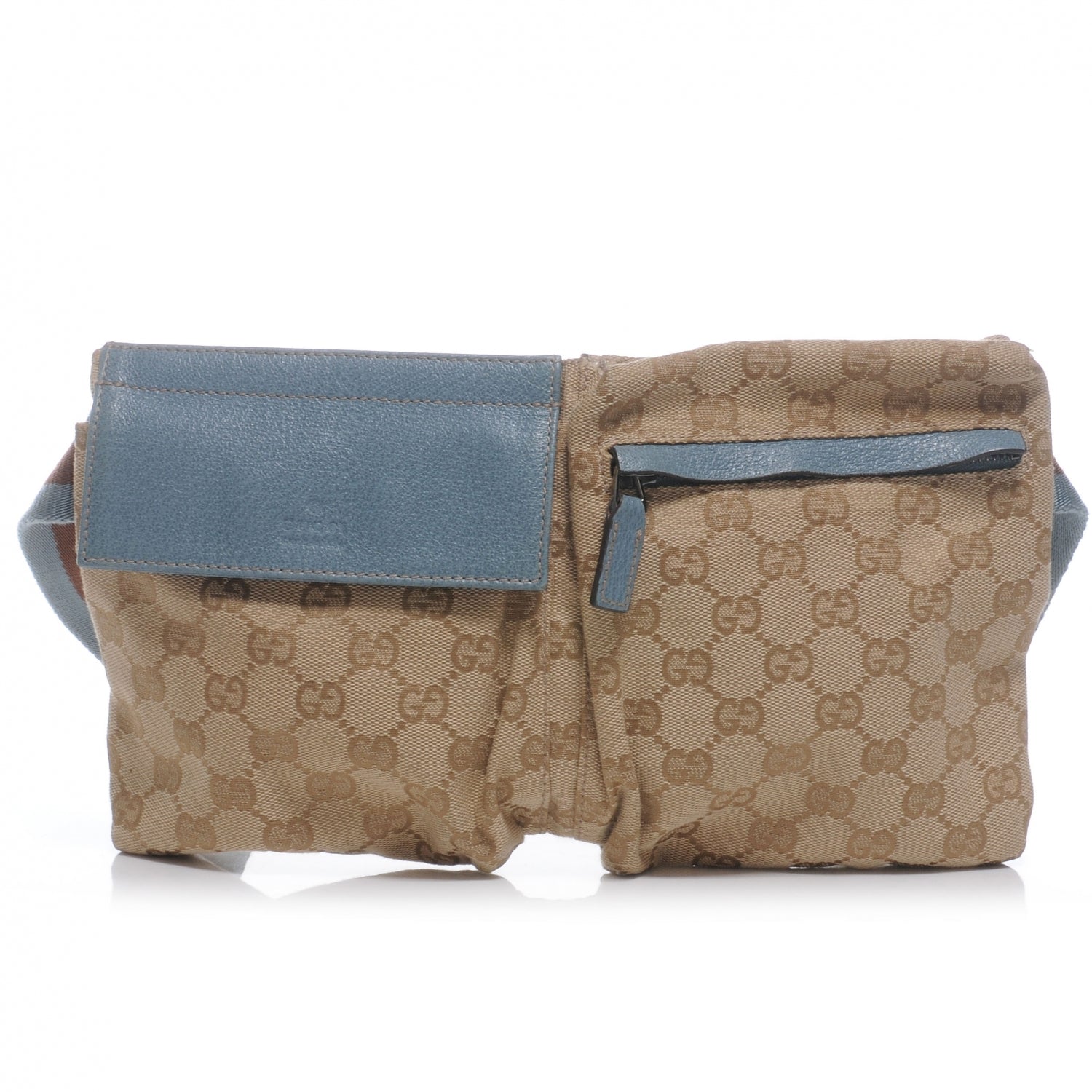 Gucci GG Monogram Web Double Pocket Belt Bag Blue Brown 1 of 7