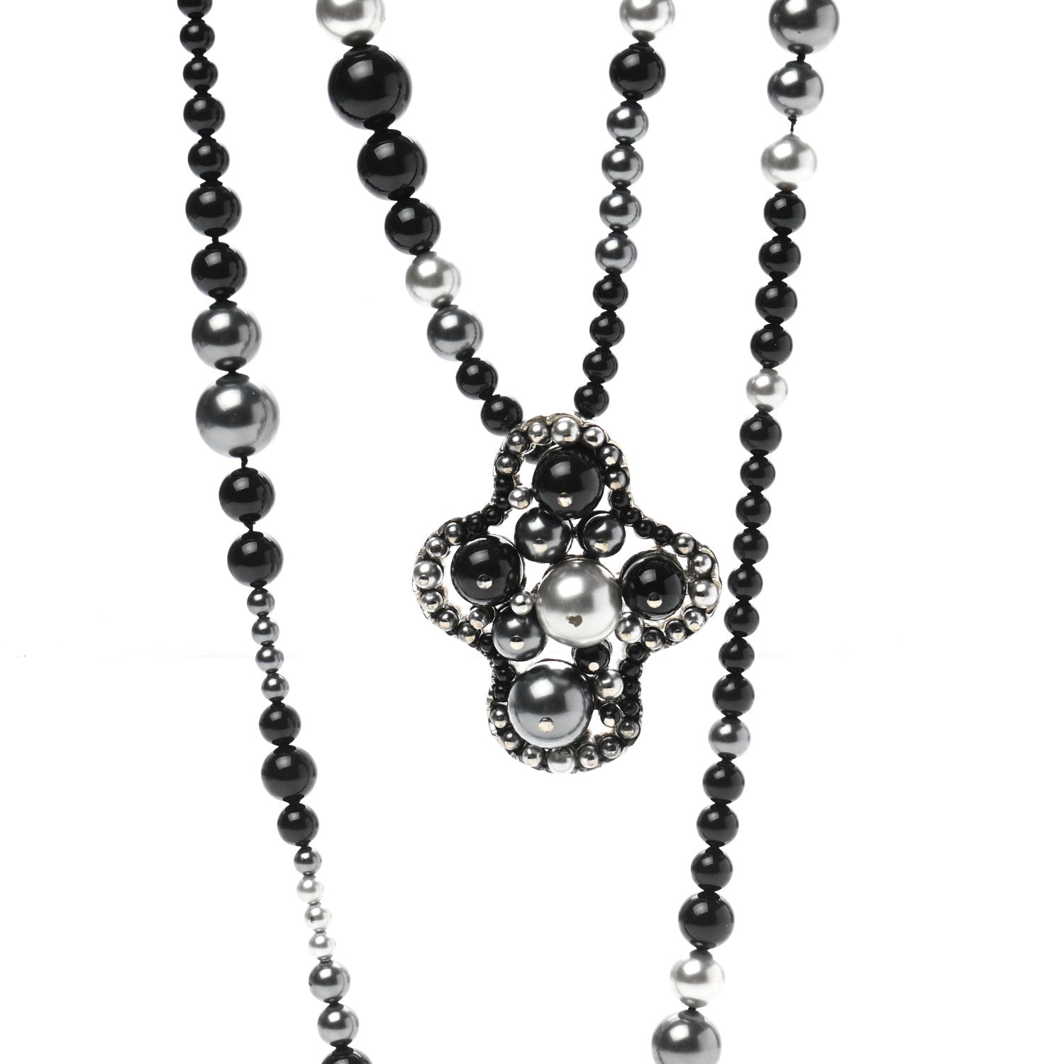 Chanel Pearl Beaded CC Long Necklace Black Silver 4 of 5
