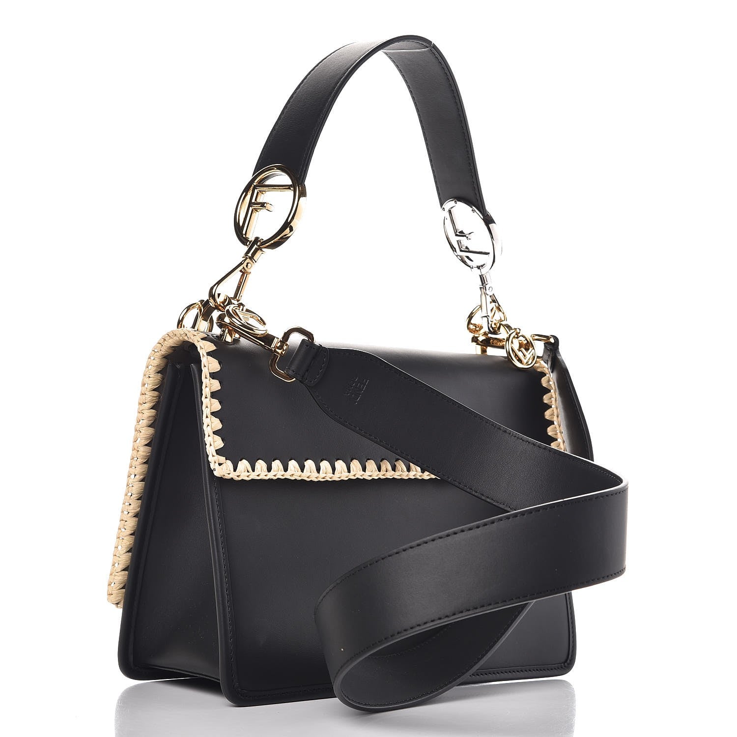 Fendi Vitello Century Raffia Snakeskin F is Fendi FF Woven Embroidered Kan I Shoulder Bag Black Natural 4 of 8