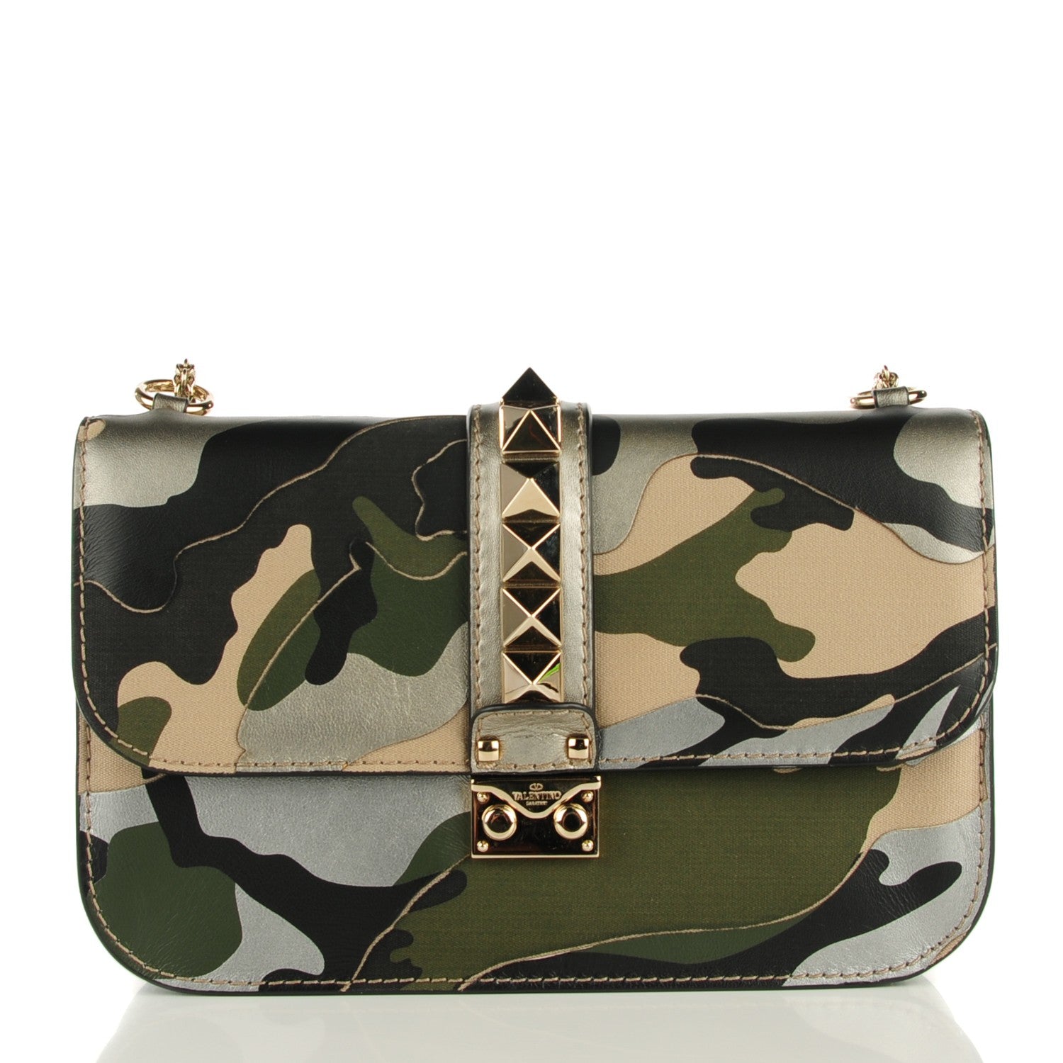 Valentino Garavani Nappa Canvas Camouflage Medium Glam Lock Rockstud Flap Green 1 of 7