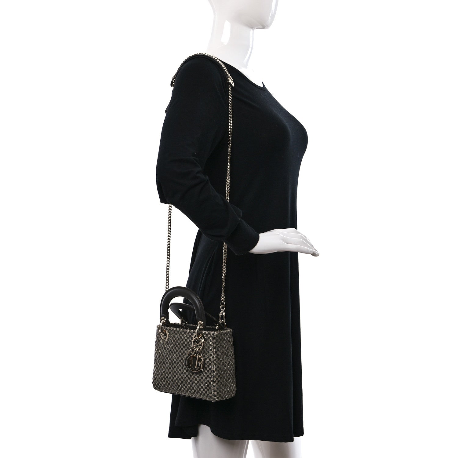 Christian Dior Calfskin Beaded Checkered Mini Lady Dior Grey White 2 of 8