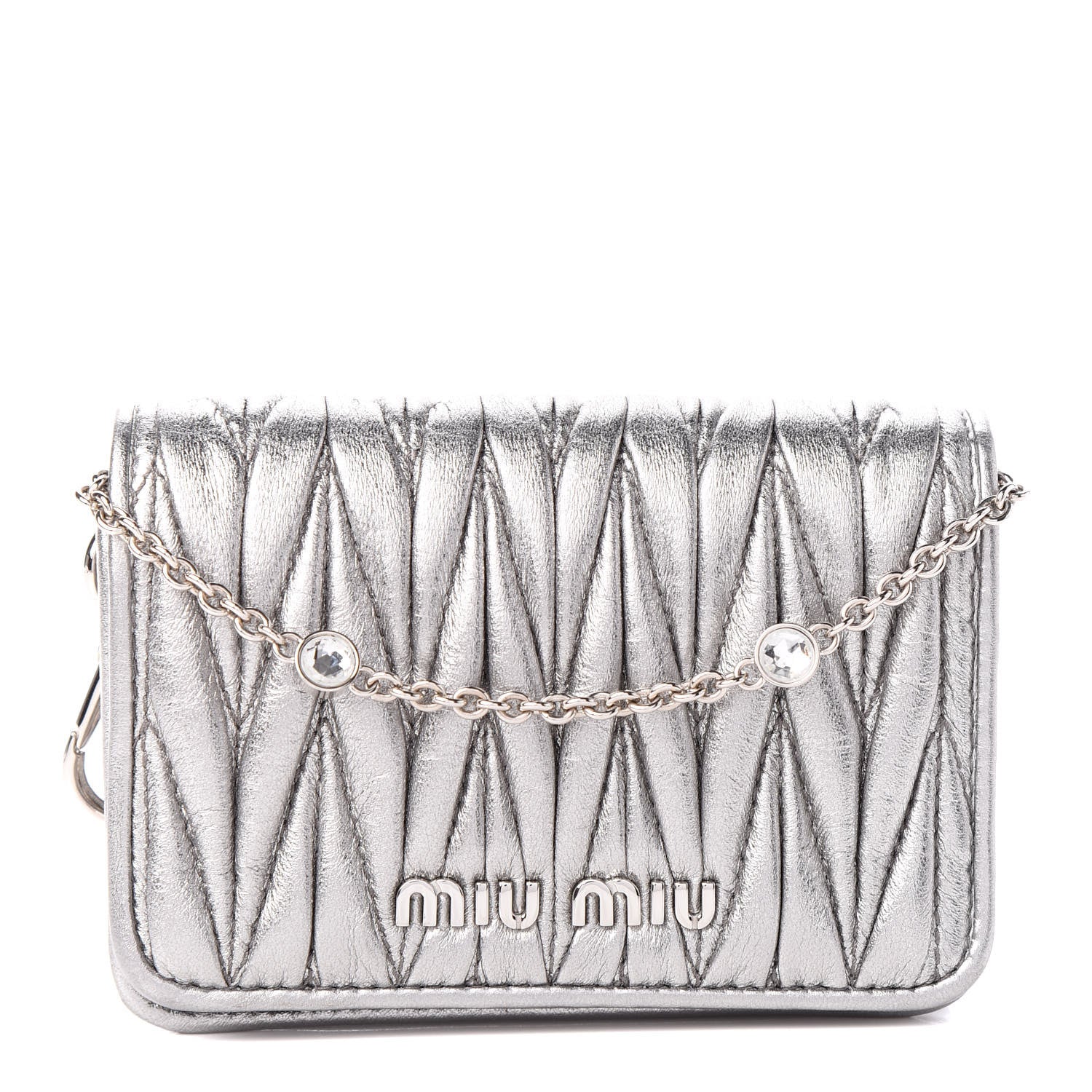 Miu Miu Nappa Matelasse Crystal Chain Card Holder Cromo 1 of 9