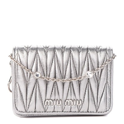 Miu Miu Nappa Matelasse Crystal Chain Card Holder Cromo 1 of 9