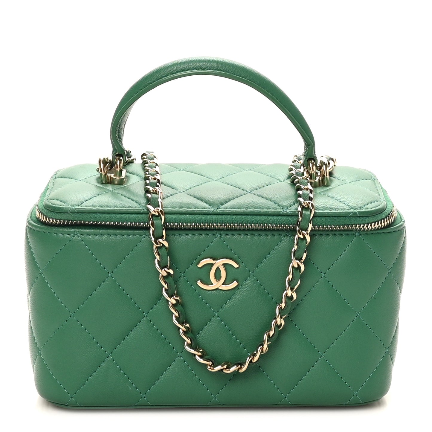 Lambskin Quilted Small Top Handle Vanity Case With Chain Green