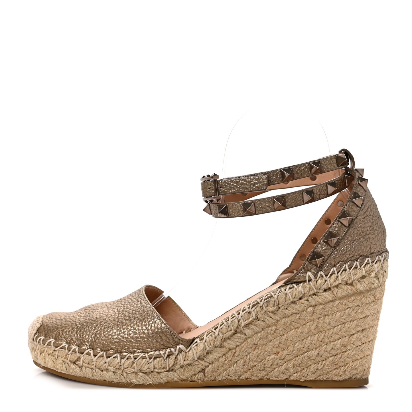 Metallic Grained Calfskin Rockstud Ankle Wrap Espadrille Wedges 38 Skin