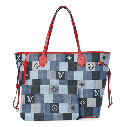 Louis Vuitton Denim Damier Monogram Patchwork Neverfull Blue Rouge 1 of 12