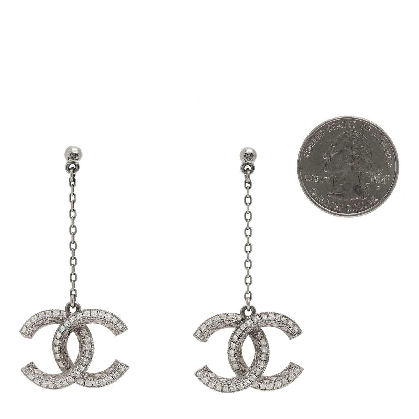 Baguette Crystal Quilted CC Drop Earrings Silver