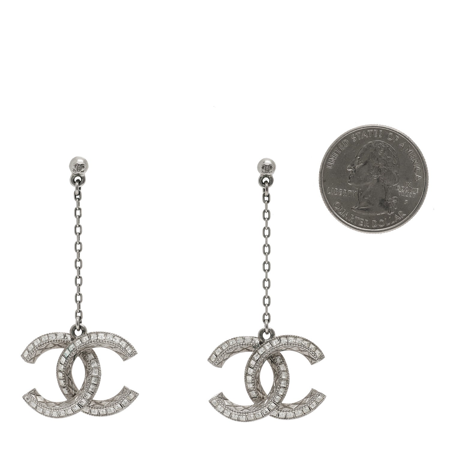 Chanel Baguette Crystal Quilted CC Drop Earrings Silver 2 of 6
