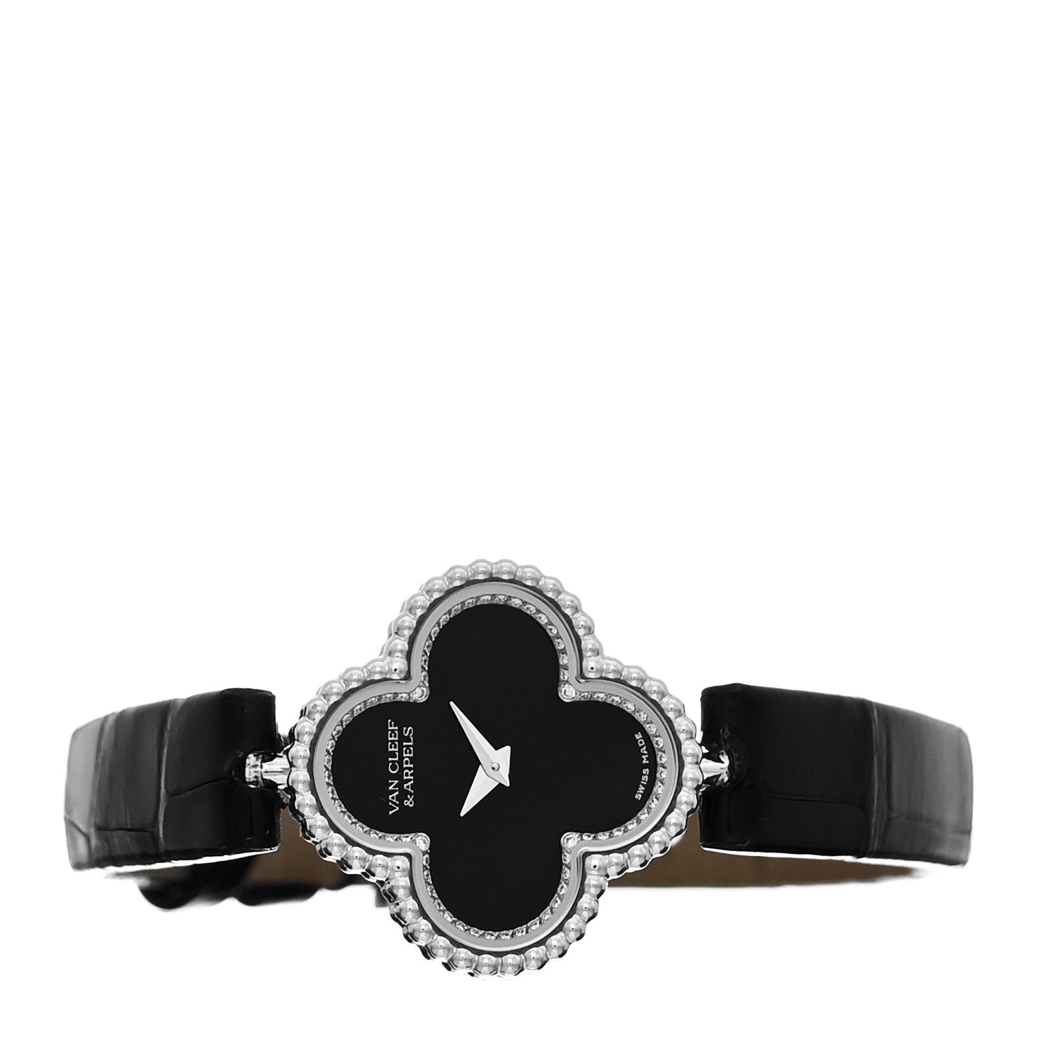 Van Cleef & Arpels 18K White Gold Alligator Diamond Bezel 23mm Sweet Alhambra Quartz Watch Black 2 of 5