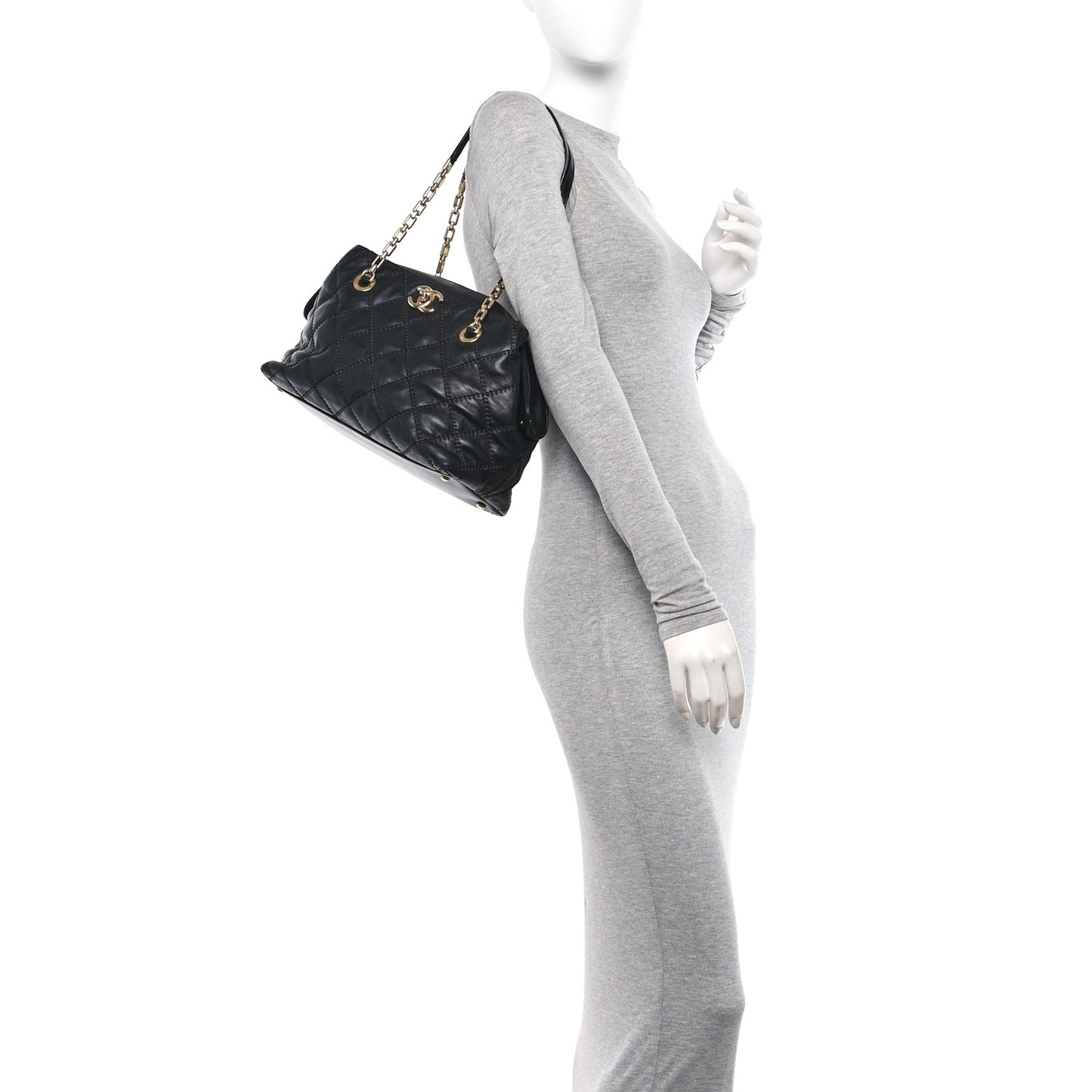 Calfskin Stitched Medium Retro Chain Tote Black
