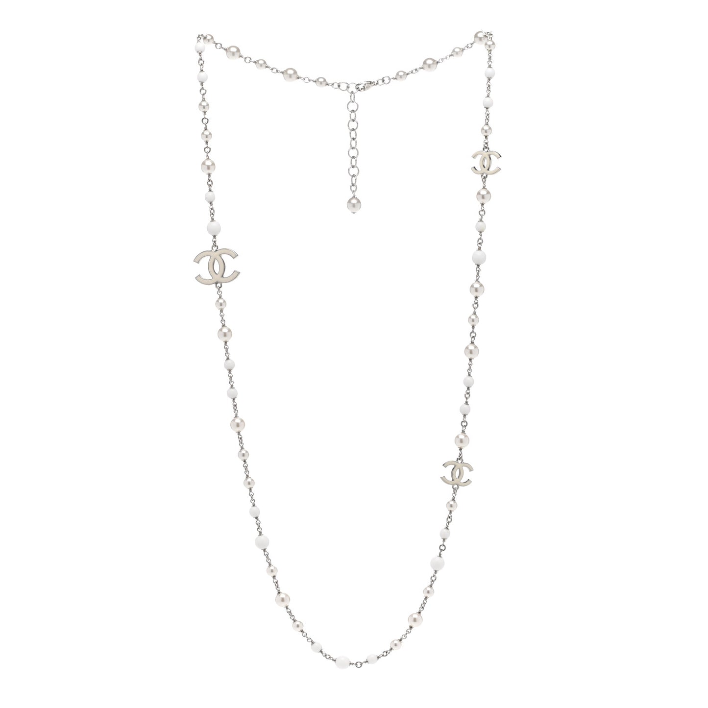 Pearl Enamel Bead CC Long Necklace Silver White