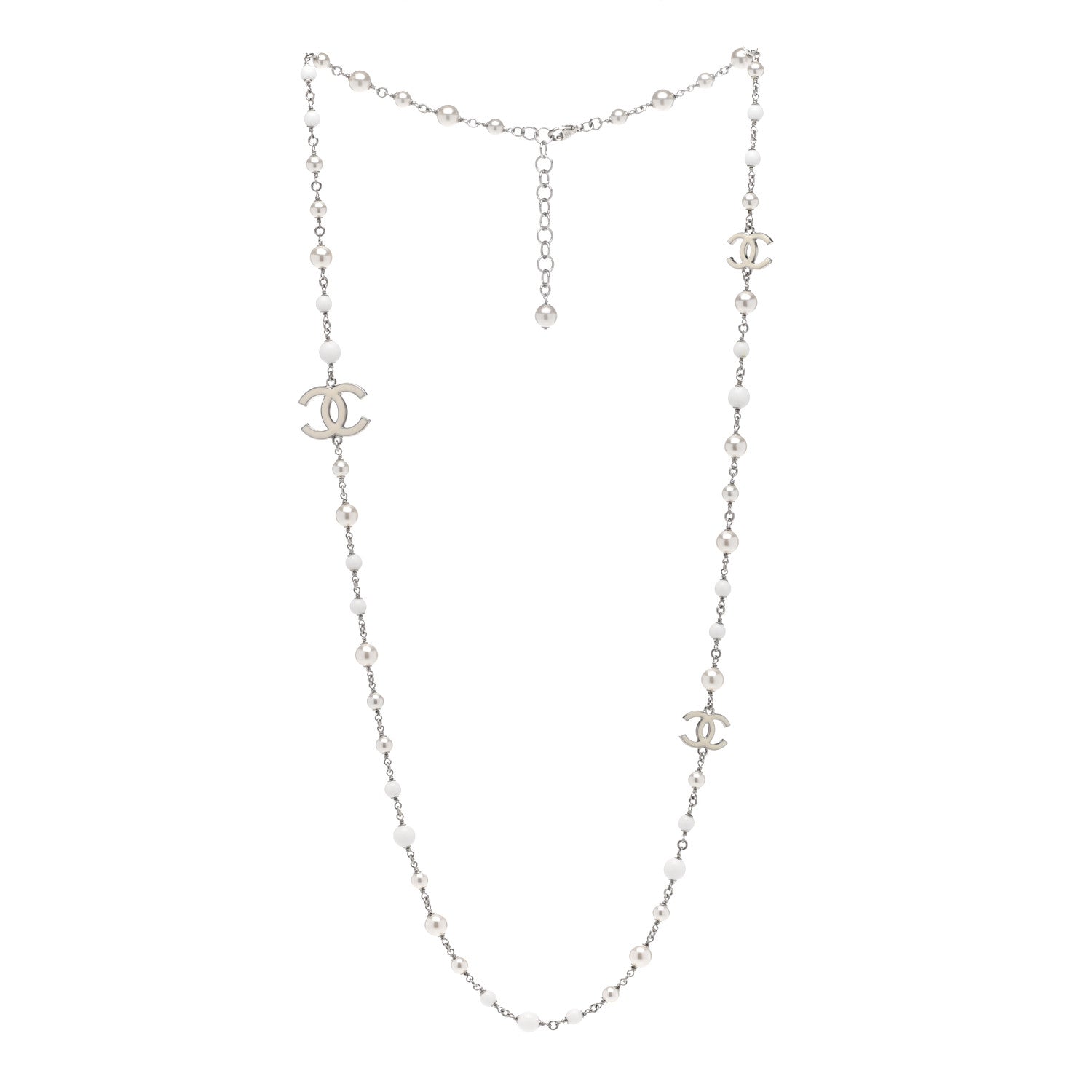 Chanel Pearl Enamel Bead CC Long Necklace Silver White 3 of 5