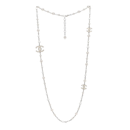 Chanel Pearl Enamel Bead CC Long Necklace Silver White 3 of 5