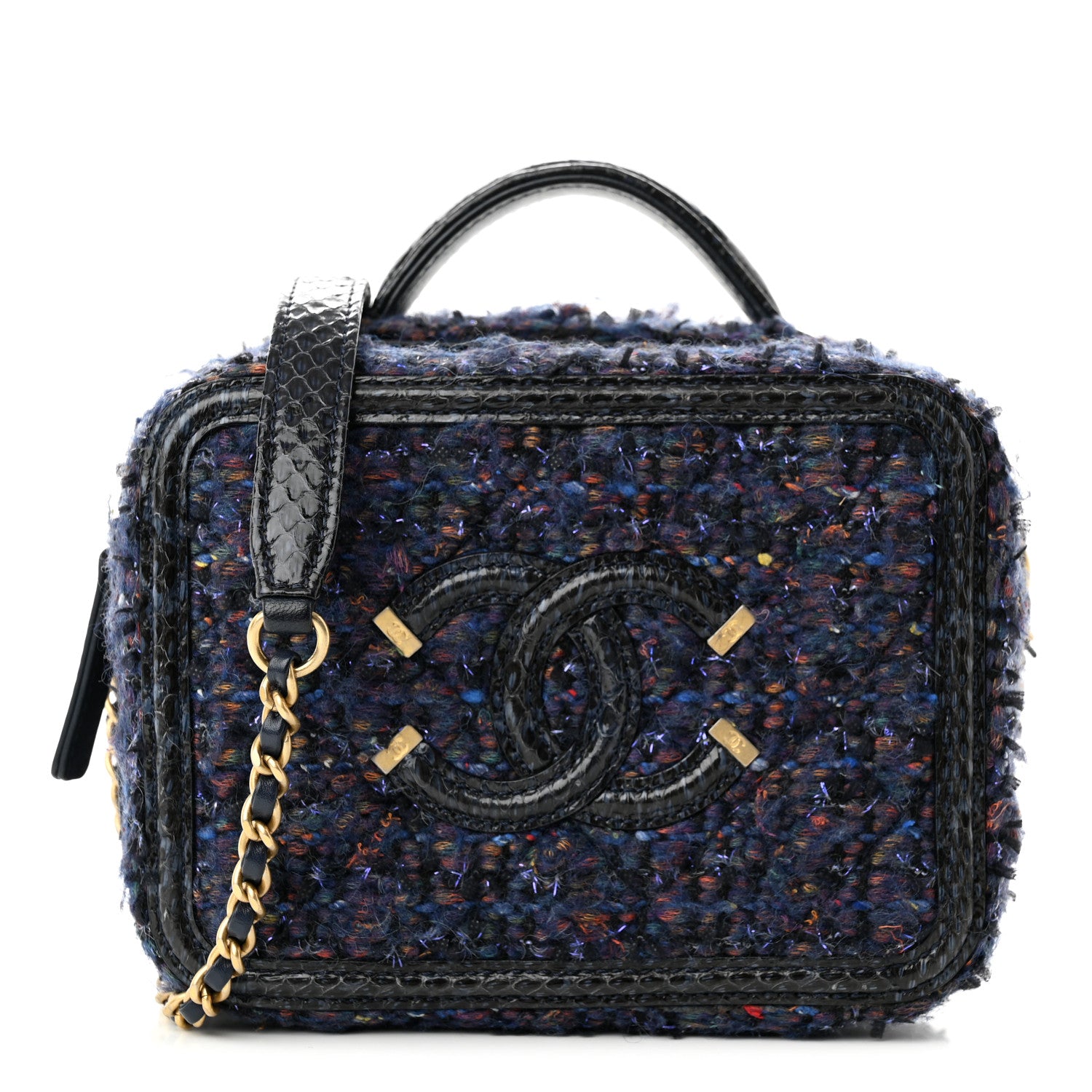 Chanel Tweed Snakeskin Quilted Small CC Filigree Vanity Case Navy Multicolor 1 of 10